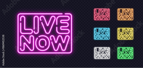 Collection of glowing LIVE NOW neon signs, perfect for streaming banners, live updates or digital announcements.