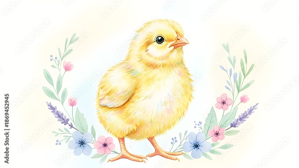 Obraz premium Baby Chick Watercolor Art - Yellow Farm Bird with Spring Flowers - Nursery Animal Print