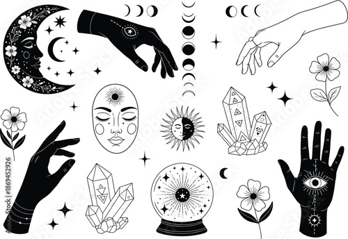Mystical celestial vector collection featuring moon phases crystals magic crystal ball and hamsa hands in bohemian line art style