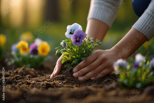 Mother planting flowers in garden