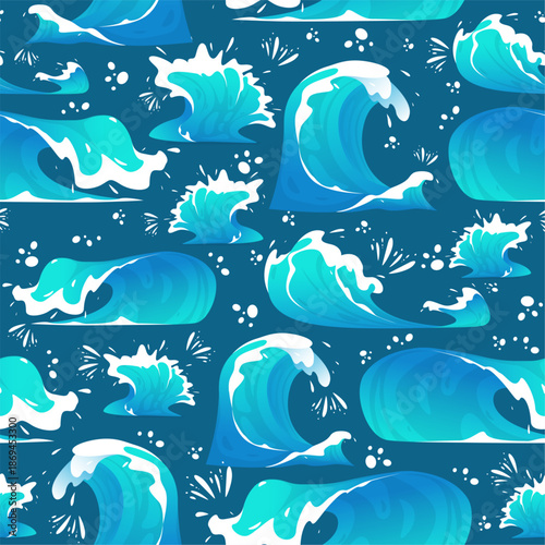 Sea coastal waves seamless pattern. Water flows with splashes and foam. Marine storm. Repeated print. Ocean tsunami. Blue fountains and aqua blowout. Splashing drops. Vector background