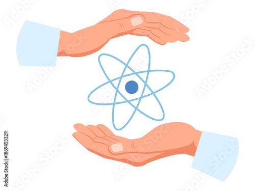 Scientists hands protect atom. Safe nuclear energy. Molecule on palm. Atomic model. Protective gesture. Physics structure. Chemical research. Nucleus and rotating electrons. Vector concept
