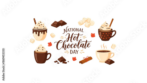 national hot chocolate day banner with cocoa mugs and marshmallows 