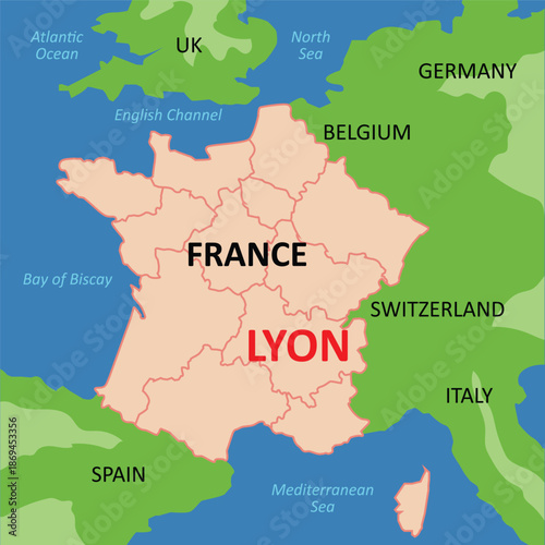 France map with Lyon city highlighted, European geography