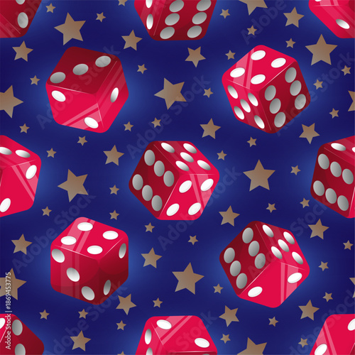 Red casino seamless pattern. Gambling dice and starts. Fortune play. Jackpot cubes. Lucky chance buts. Repeated print. Craps dot numbers. Vegas gaming entertainment. Vector background