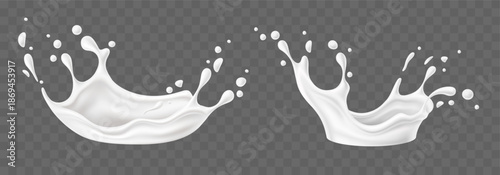 Realistic milk splashes. Liquid cream. White splashing on transparent background. Fresh dairy product. Milky wave splatter or flow. Yoghurt 3D drip. Vector isolated fluid elements set
