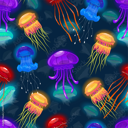 Neon jellyfish float in depths of ocean seamless pattern. Underwater animals. Luminous inhabitants of seabed. Undersea invertebrate creatures. Jelly marine fauna. Vector background