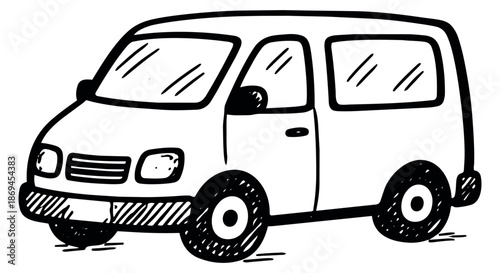 Hand drawn line art illustration of a van depicting a common vehicle for transportation purposes