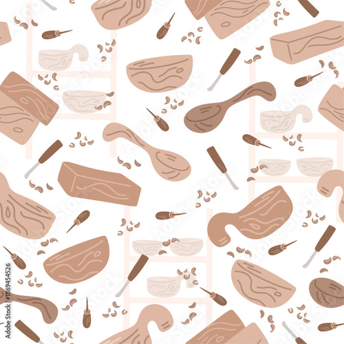Manufacture of wooden tableware seamless pattern. Timber blocks. Woodwork craft. Chisels and spoon cutter. Repeated print. Wood bowl and ladle. Carving hobby tools. Vector background