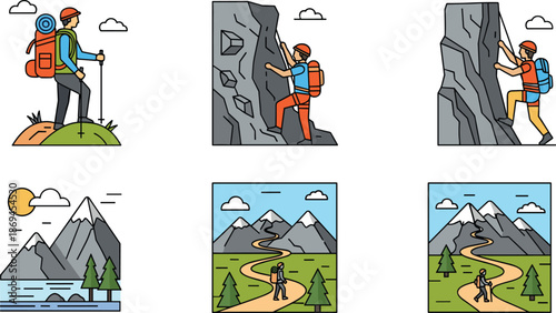 Outdoor adventure hiking and mountain climbing vector illustration set with scenic landscapes, nature exploration, trekking trails, and wilderness activities