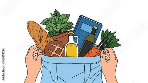 Illustrated Grocery Bag with Bread, Vegetables, and Bottle on White Background