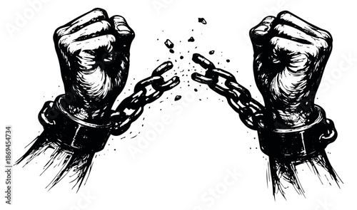 Hand drawn illustration of fists breaking chains depicting freedom for human rights