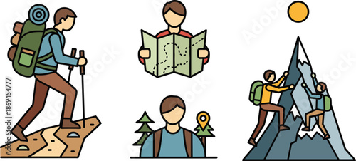 Outdoor hiking adventure with backpack, mountain climbing, map reading, nature exploration, trekking, teamwork, navigation, and scenic travel illustration