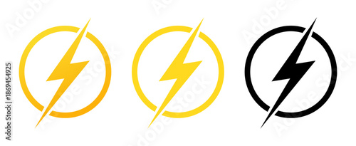 Lightning bolt icon in circle. Yellow or black silhouette thunderbolt power. Thunderstorm blasts. Energy charge. Thunder zigzag. Electricity voltage. Electric discharge symbols vector set