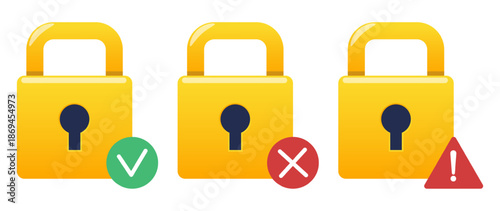 Icon of gold lock with green checkmark, red cross or exclamation mark. Access allowed or forbidden. Security protection. Attention icon. Privacy check. Network guard. Vector symbols set