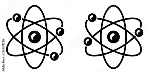 Physics icons in black color showcasing atom, magnet, energy, force, light, and motion symbols, created in various styles for scientific illustrations, education projects, diagrams, and digital learni