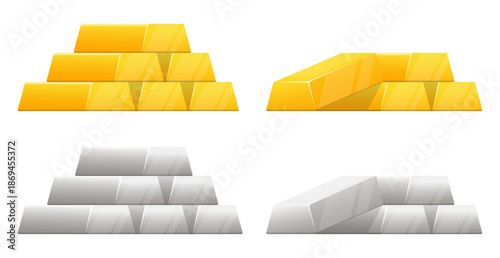 Gold and silver bars. Precious metals stacked on top of each other. Money investment. Finance savings. Golden ingots. Currency exchange. Financial success. Profit bricks vector set