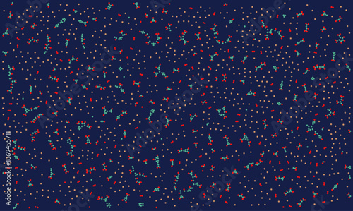 Abstract scientific vector background featuring chaotic molecular structure pattern with colorful dots scattered on dark blue space representing chemical distribution and microscopic biology texture