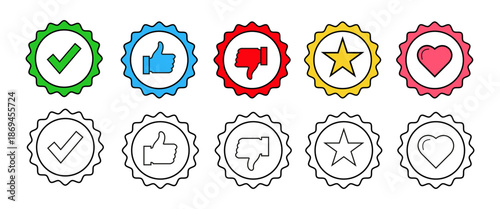 Feedback and rating badge icons set with check, like, dislike, star and heart vector illustration