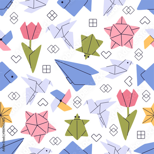 Animal figures made of colored paper. Origami seamless pattern. Asian polygonal papercraft. Japanese shapes. Creative dove bird and flower. Repeated print. Oriental hobby. Vector background