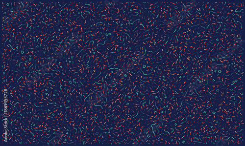 Abstract chaotic vector background with colorful swirling dots on dark blue. Creative texture for data visualization, microbiology science, or artistic stippled design.