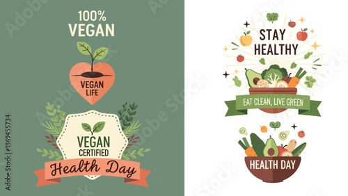 Vegan lifestyle illustration promoting healthy eating, plant-based diet, organic vegetables, clean food habits, eco-friendly living, and wellness awareness.