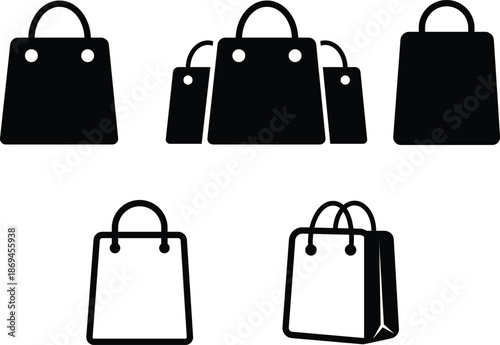 Shopping bag icon set. Paper market bag symbols. Purchase sign. E-Commerce and online shop. Flat and line style - stock vector Logotype