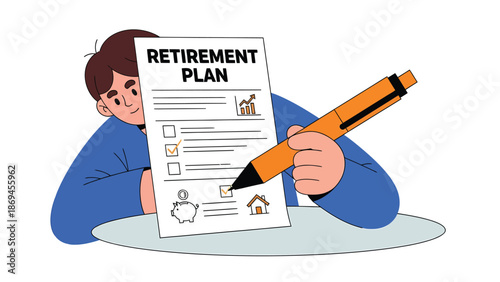 Cartoon Illustration of Person Planning Retirement with Checklist