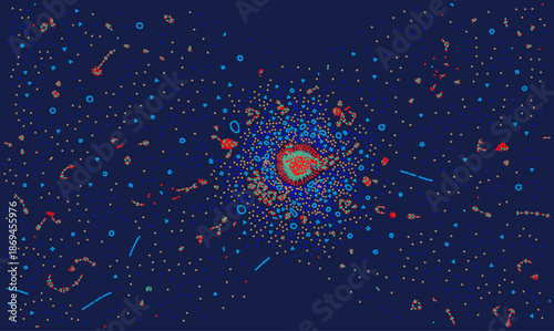 Deep blue vector background representing big data visualization and microscopic biological cells. Abstract technology concept with chaotic red particles and complex digital network structure.