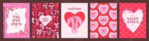 Hand drawn cards set of Happy Valentines Day. Vintage illustrations with gift bows, hearts, texture. Modern creative design for poster, cover, templates for celebration, invitation, banner, flyer