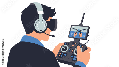 Person Operating Drone with VR Headset and Remote Control Illustration