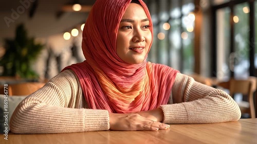 Wallpaper Mural Young Woman in Pink Hijab Sitting at Cafe. Torontodigital.ca