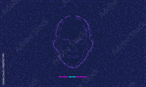 Biometric identity verification concept with digital face made of purple particles. Artificial intelligence facial recognition technology background. Cyber security scanning system vector.