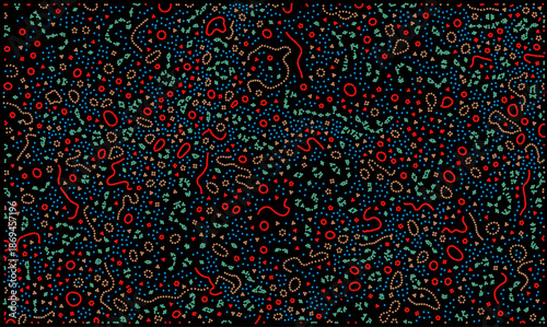 Abstract scientific vector pattern with scattered colorful dots and chains resembling bacteria or dna strands on a dark navy blue background. Ideal for medical research or digital tech data design.