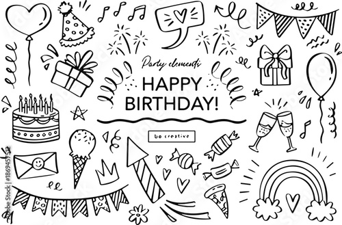 Black and white birthday celebration with cake, balloons, gifts, and party