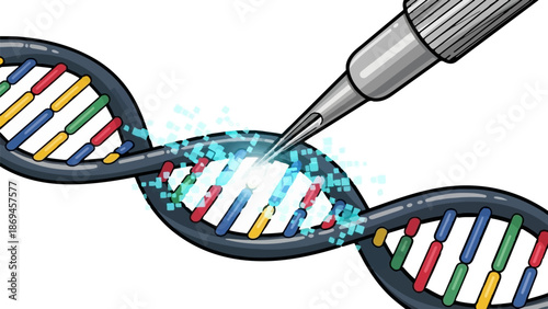 Medical pipette inserting into DNA helix with glowing particles