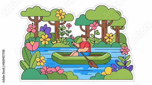 Man paddling inflatable raft through calm blue water surrounded by lush green trees and colorful flowers