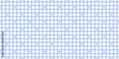 Seamless light blue gingham pattern with cute hearts on a white background. Sweet checkered plaid texture, perfect for nursery wallpaper, baby shower textiles, and romantic gift wrapping paper.