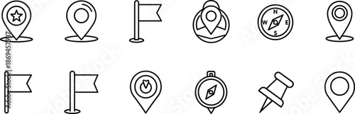 Collection of location and navigation including pins flags and compasses