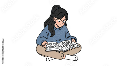Young Girl Engrossed in Comic Book Reading, Casual Illustration
