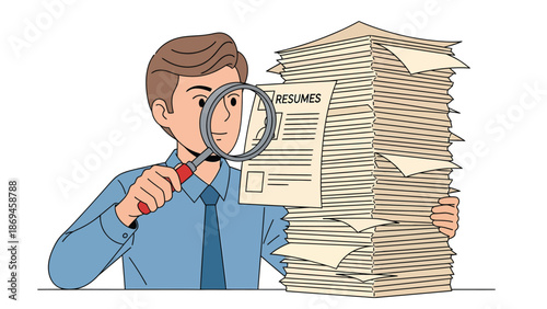 Cartoon Man Analyzing Resumes with Magnifying Glass in Office Setting