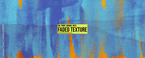 Blue orange riso graph texture print background template with text. Underwater motif background with halftone screen overlay. Editable halftone risograph texture. Printmaking banner design.