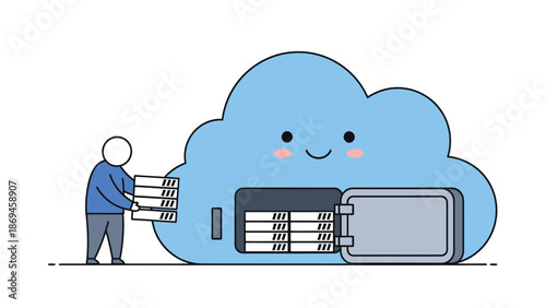 Cute Cloud Storage Concept Illustration with Person Uploading Data