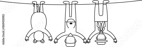 Three upside down people hanging from a rope with different headgear three people