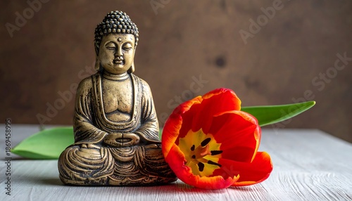 Buddha Statue with Red Tulip - A Moment of Serenity and Reflection.