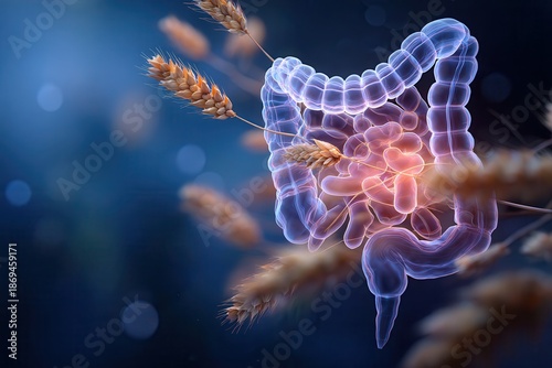 human intestines and wheat on a dark blue background