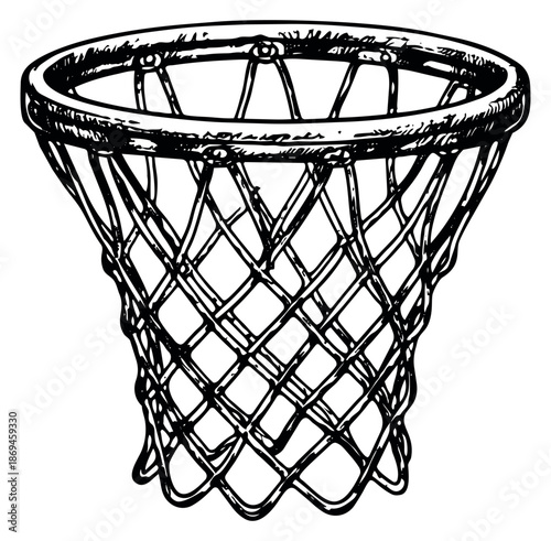 Hand drawn line art illustration of a basketball net depicting an empty hoop for sports equipment