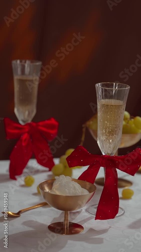 Hand Placing an Ice-cream Bowl on a Festive Table with Champagne Vertical video
