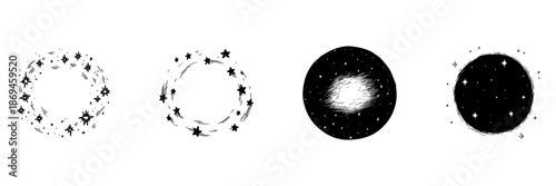 Starry Circular Frames And Cosmic Patterns Doodle Sketch Set. Celestial And Astronomical Themes In Hand Drawn Style Collection. Decorative Elements For Design Projects. Isolated Vector Illustration
