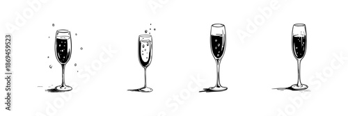 Champagne Flute Glasses Doodle Sketch Set. Celebration And Festive Toasting In Hand Drawn Style Collection. Elegant Drinkware For Special Occasions. Hand Drawn Isolated Vector Illustration